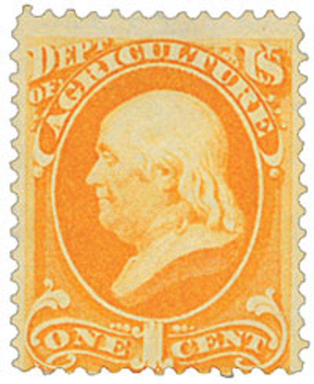 1873 1¢ Yellow, Department of Agriculture, Franklin, Hard Paper