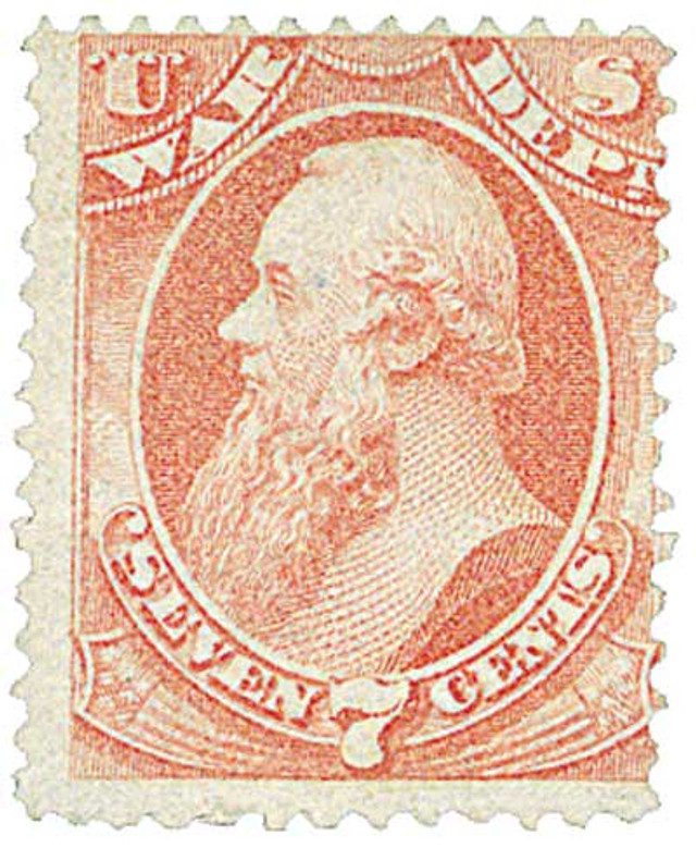 # O87 - 1873 7c Rose, War Department, Stanton, Hard Paper