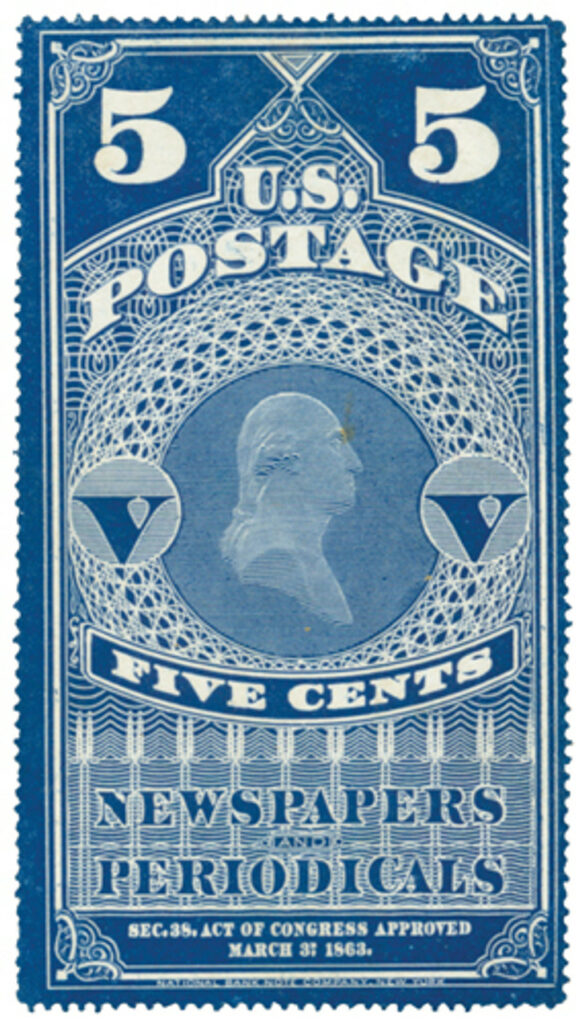 1865 5c Newspaper & Periodical Stamp - hard paper, no gum, dark blue