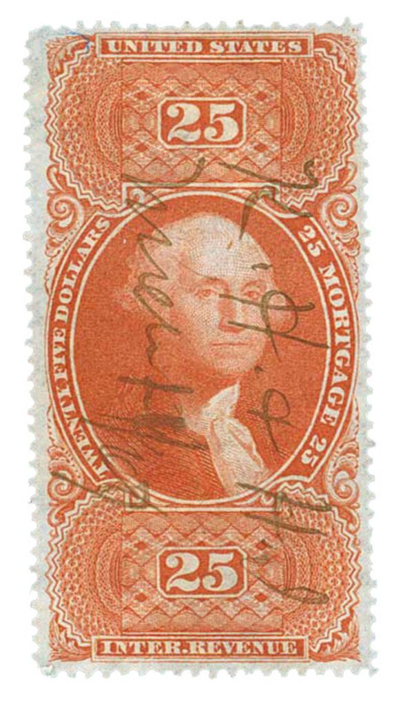 # R100 - 1862-71 $25 US Internal Revenue Stamp -mortgage, old paper, red