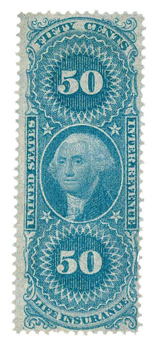# R58 - 1862-71 50c US Internal Revenue Stamp - Life Insurance, old paper, blue