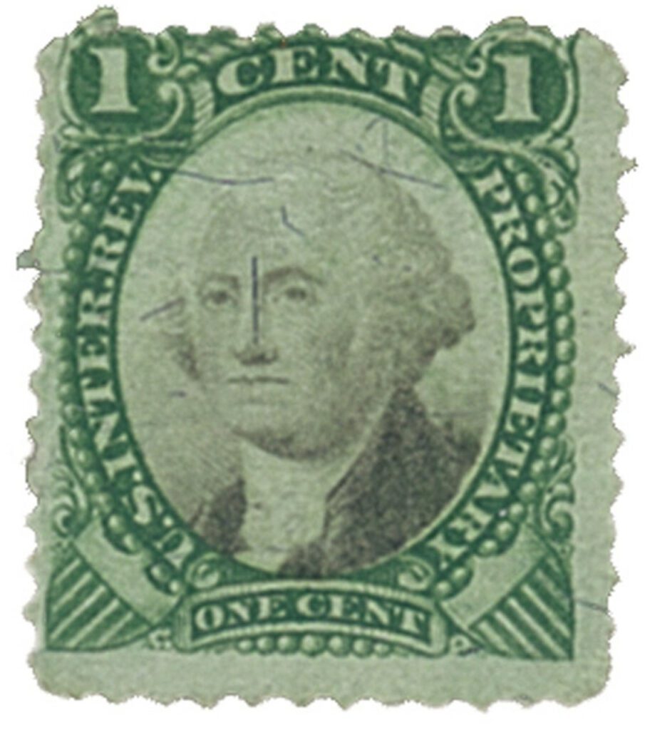 1871-74 1¢ Proprietary Stamp - George Washington, green & black, violet paper