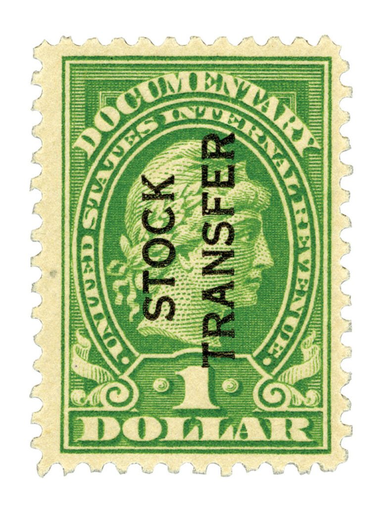 1918-22 $1 Stock Transfer Stamp, green, (Bk) vertical overprint, perf 11
