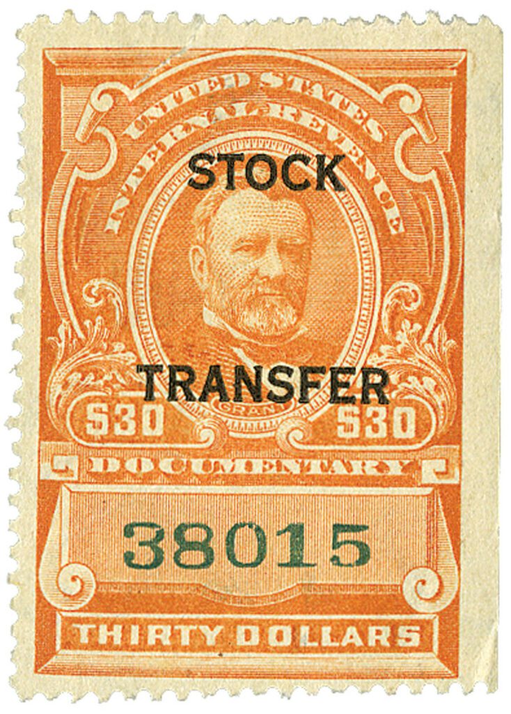 1918 $30 Stock Transfer Stamp, vermilionilion, horizontal overprint, perf 12