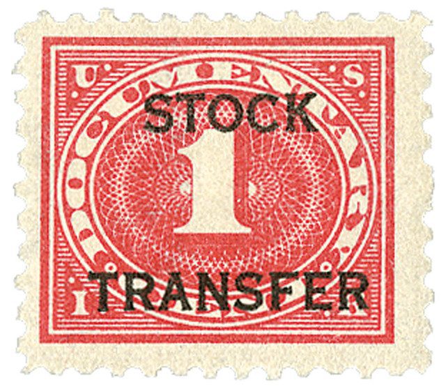 1918-22 1¢ Stock Transfer Stamp, carmine rose, horizontal overprint, perf 11