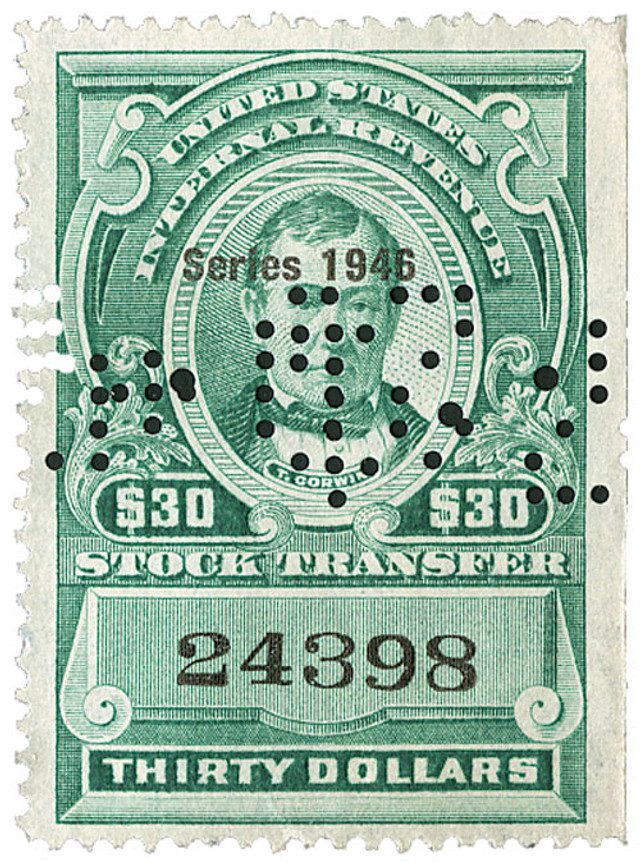 1946 $30 Stock Transfer Stamp, bright green, watermark, perf 12