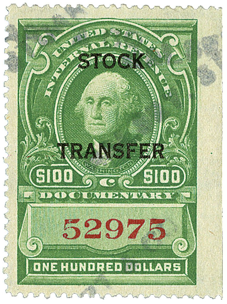 1918 $100 Stock Transfer Stamp, green, horizontal overprint, perf 12