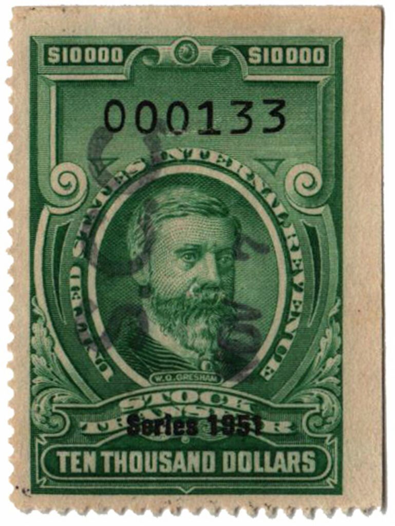 1951 $10,000 Stock Transfer Stamp, bright green, watermark, per 12
