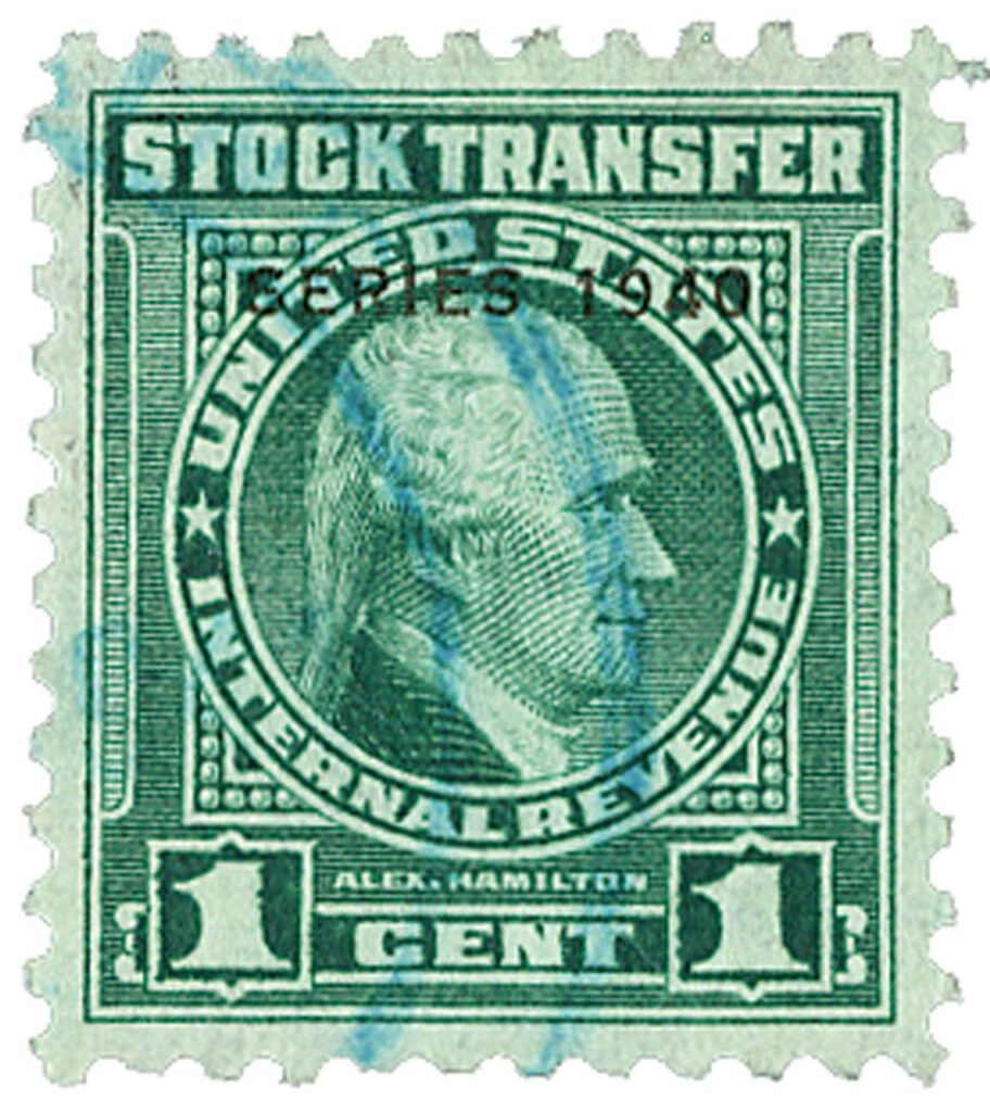 1940 1¢ Stock Transfer Stamp - watermark, engraved, perf 11, bright green