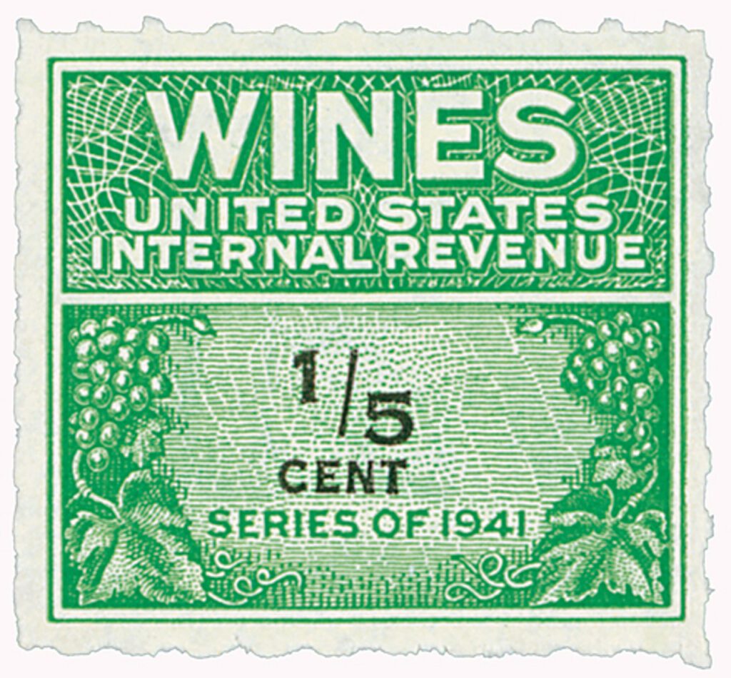 # RE108 - 1942 1/5c Cordials, Wines, Etc. Stamp - Rouletted 7, watermark, offset, green & black
