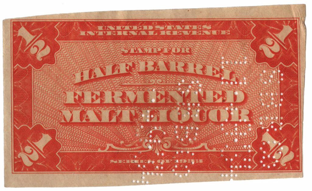 1933 ½ bbl. Beer Tax Stamp - brown orange, entire stamp