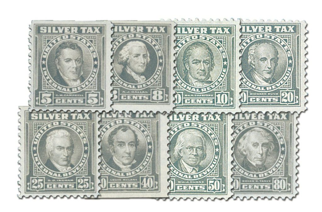 1944 5¢-80¢ Silver Tax Stamps, 8 stamps