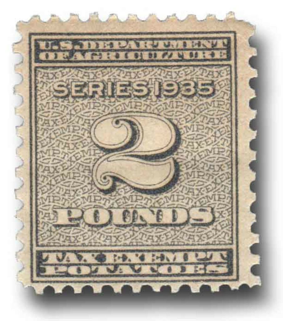 1935 2lb Potato Tax Stamp - blue-brown, engraved, unwatermarked, perf 11x10 1/2