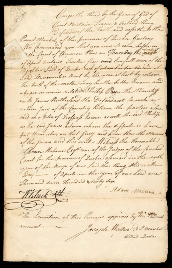 # RM27 - 1766 1sh "America" British Revenue Impression on Handwritten Juror Summons, executed at Quebec, Canada