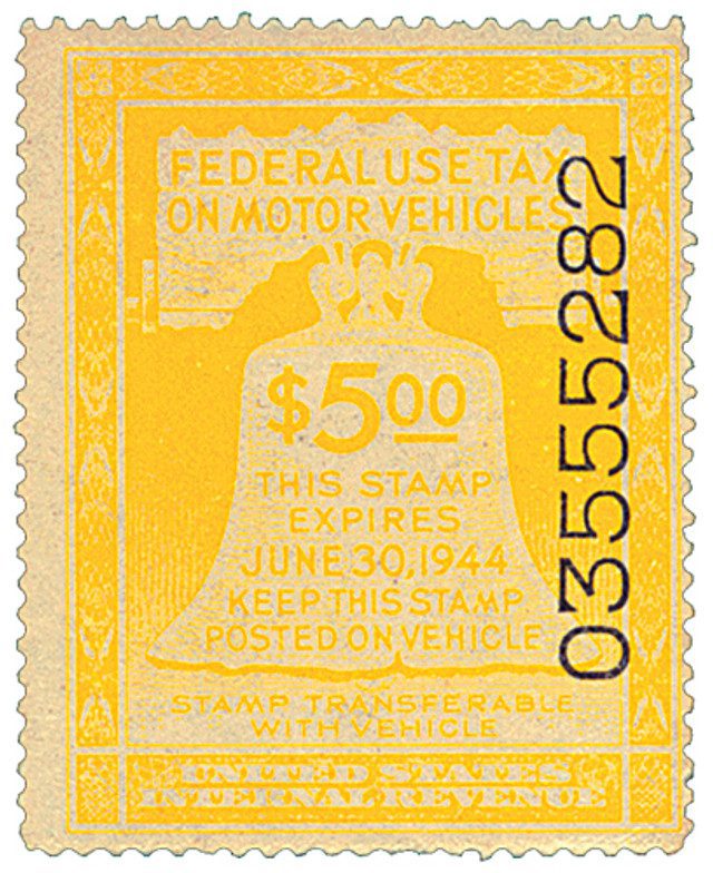 # RV18 - 1943 $5 Motor Vehicle Use Tax, yellow (gum & control no. on face, inscriptions on back)