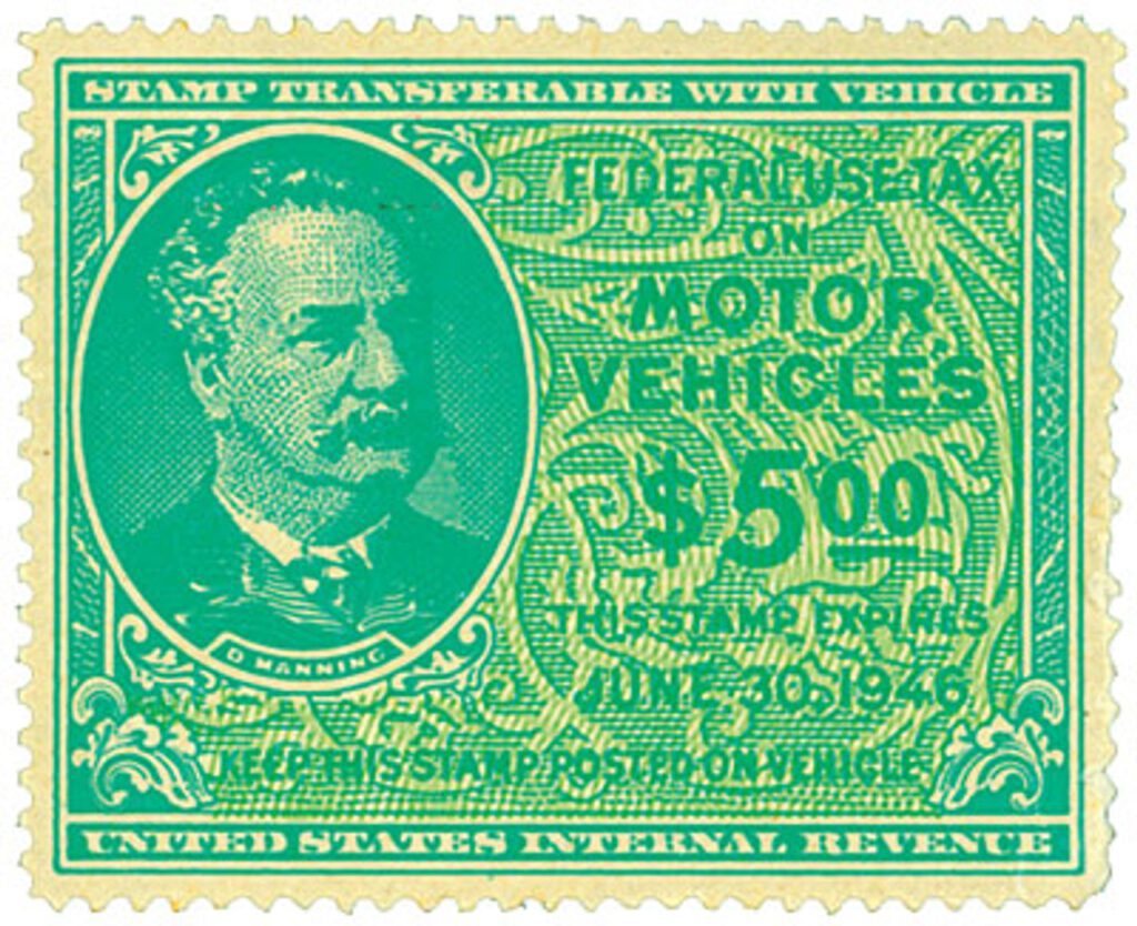 # RV42 - 1945 $5 Motor Vehicle Use Tax, bright blue green & yellow green (gum on face, control no. & inscription on back)
