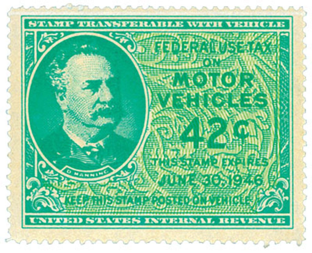 # RV53 - 1946 42c Motor Vehicle Use Tax, bright blue green & yellow green (gum on face, control no. & inscription on back)