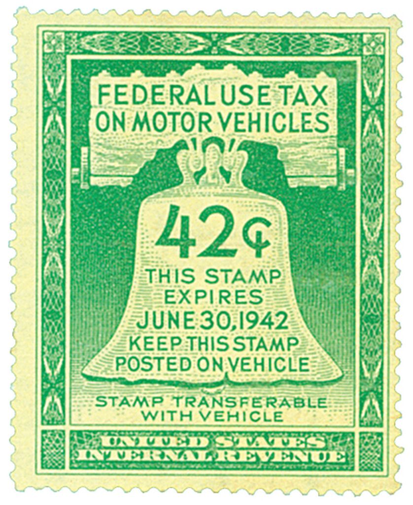 # RV5 - 1942 42c Motor Vehicle Use Tax, light green (gum on face, inscription on back)