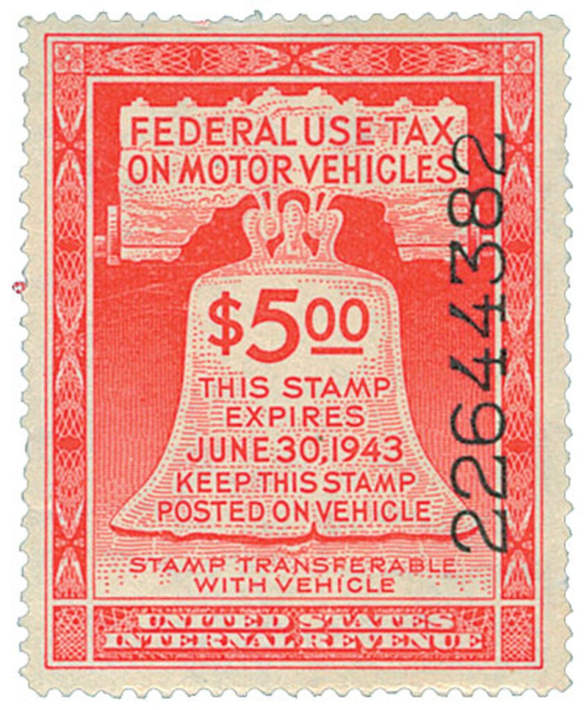 # RV6 - 1942 $5 Motor Vehicle Use Tax, rose red (gum & control no. on face, inscriptions on back)