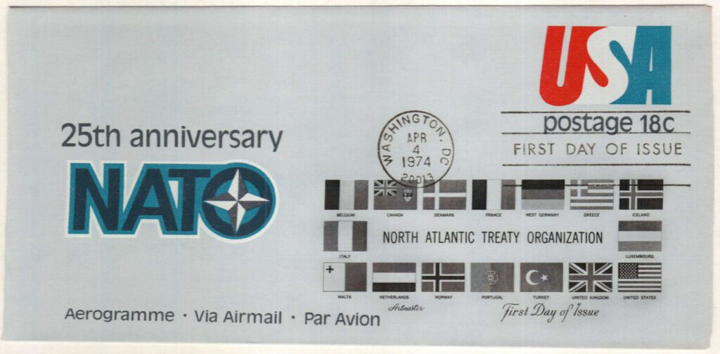 #UC49
1974 18c Air Post Envelope, red & blue NATO emblem