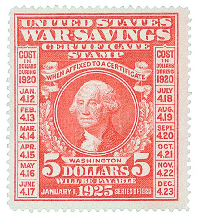 1919 $5 War Savings stamp, carmine, unwatermarked