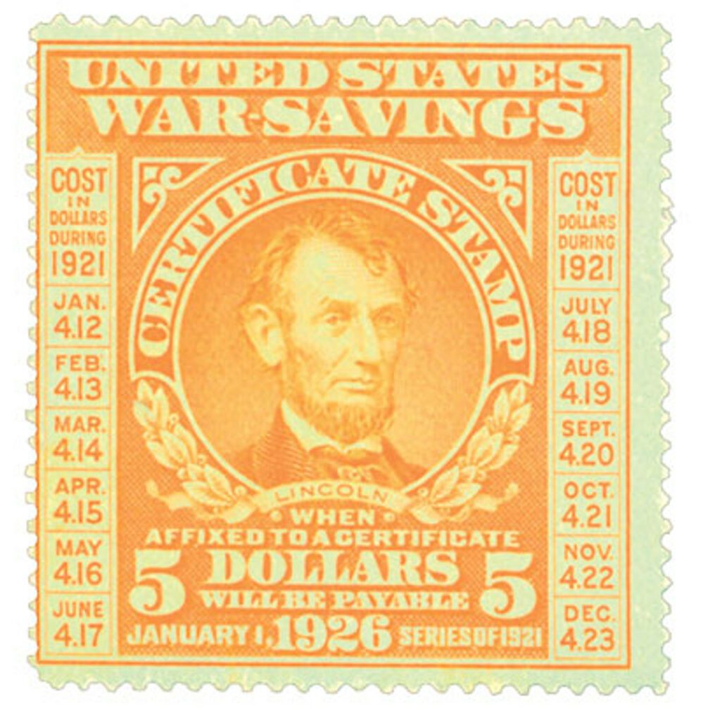 1920 $5 War Savings stamp, orange, unwatermarked