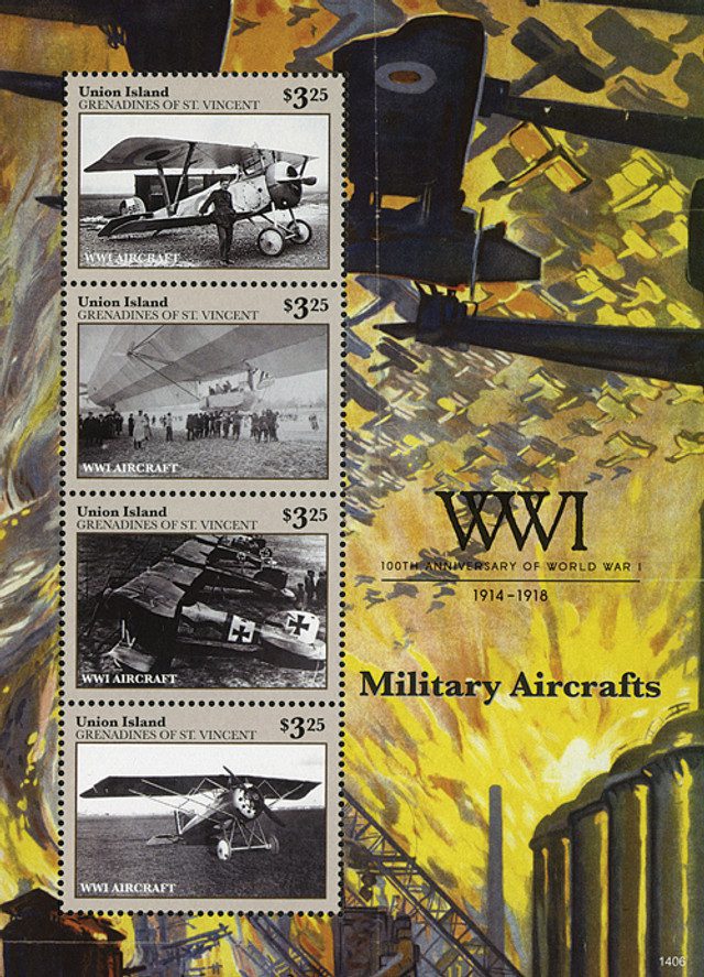 #M11406 - 2014 Union Island $3.25 100th Anniversary of World War I Mint Sheet of 4 Stamps,Military Aircraft