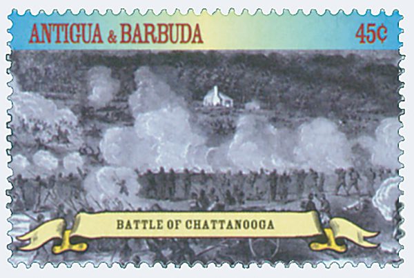 Antigua #2538q pictures a scene from the Battle of Chattanooga.
