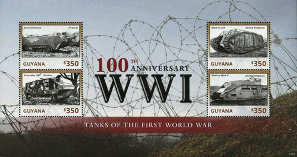 M11405 - 2014 Guyana $350 100th Anniversary of World War I Mint Sheet of 4 Stamps