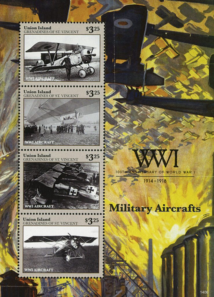 M11406 - 2014 Union Island $3.25 100th Anniversary of World War I Mint Sheet of 4 Stamps - Military Aircraft