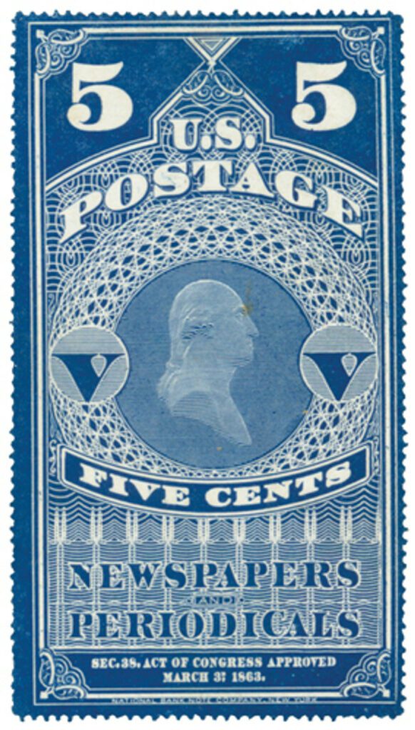 PR1 - 1865 5c Newspaper & Periodical Stamp - hard paper, no gum, dark blue