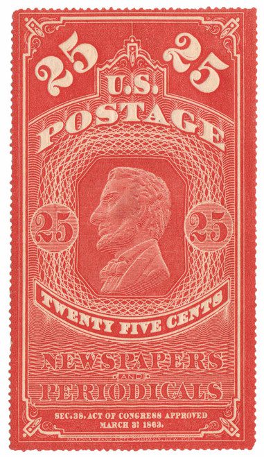 PR3 - 1865 25c Newspaper & Periodical Stamp - hard paper, no gum, orange red