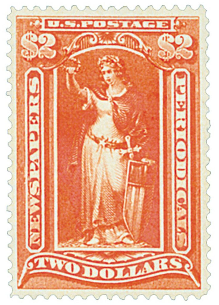 PR120 - 1897 $2 Newspaper & Periodical Stamp - soft paper, watermark, scarlet