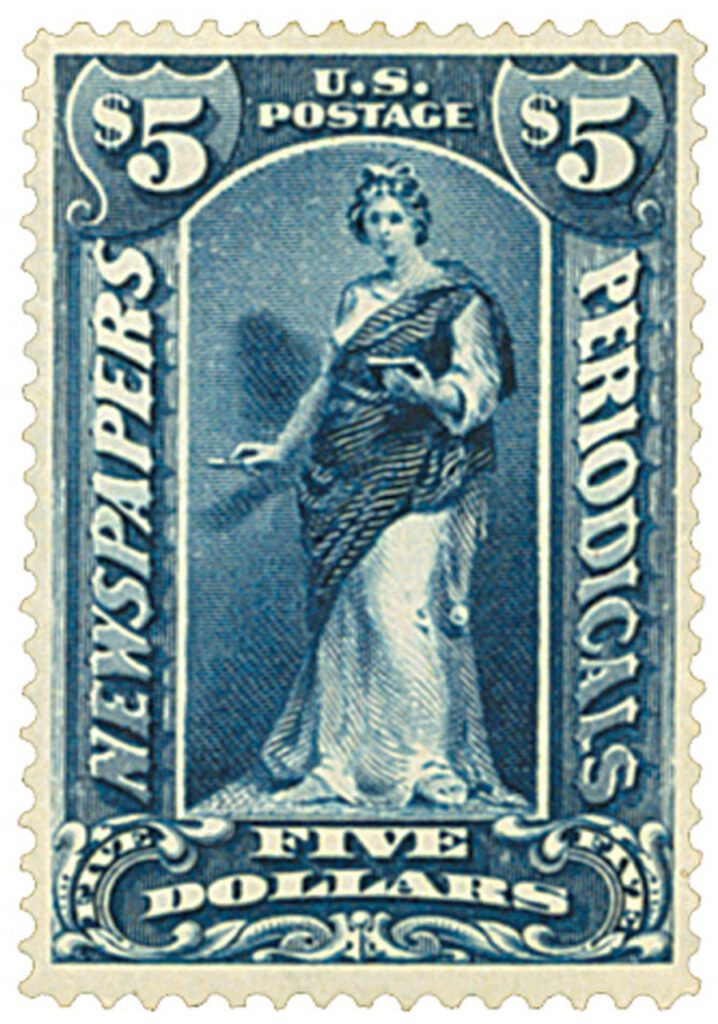 PR121 - 1896 $5 Newspaper & Periodical Stamp - soft paper, watermark, dark blue