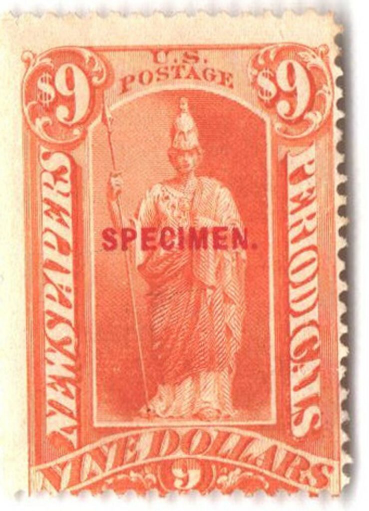 PR74SD - 1879 $9 Newspaper & Periodical Stamp - type D "Specimen" overprint, orange