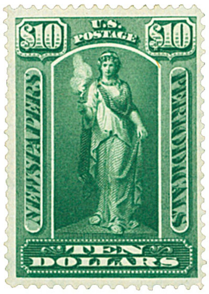 PR122 - 1896 $10 Newspaper & Periodical Stamp - "Vesta" - green, watermark, soft paper