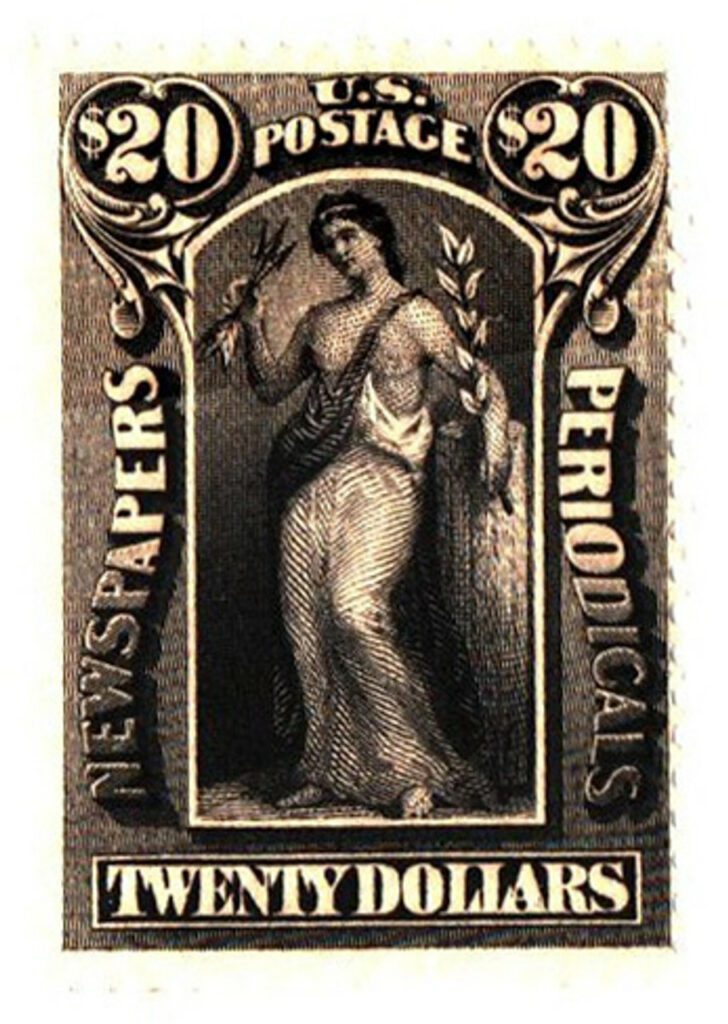PR123 - 1896 $20 Newspaper and Periodical Stamp, slate, watermarked soft paper