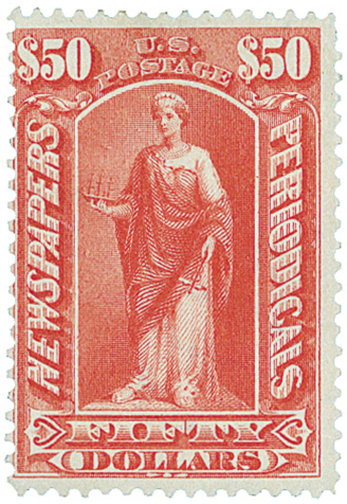 PR124 - 1897 $50 Newspaper & Periodical Stamp - soft paper, watermark, dull rose