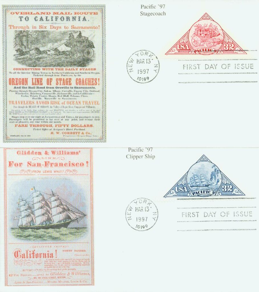 1997 32c Stagecoach and Ship Mystic First Day Covers