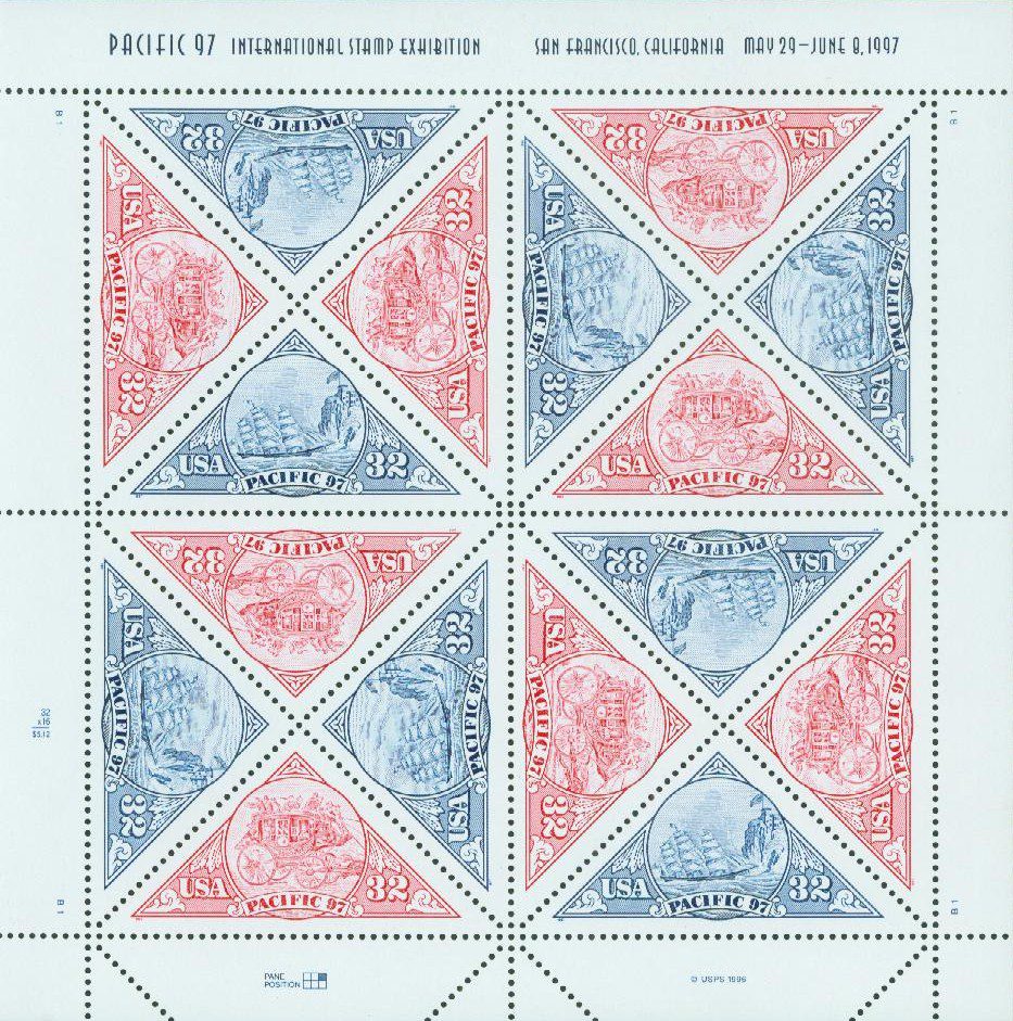 3130-31 - 1997 32c Stagecoach and Ship mint sheet of 16