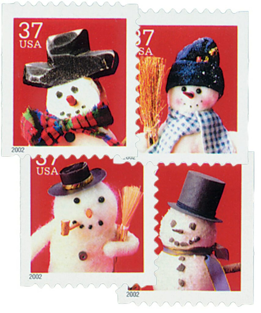 3680-83 - 2002 37c Contemporary Christmas: Snowmen, linerless coil
