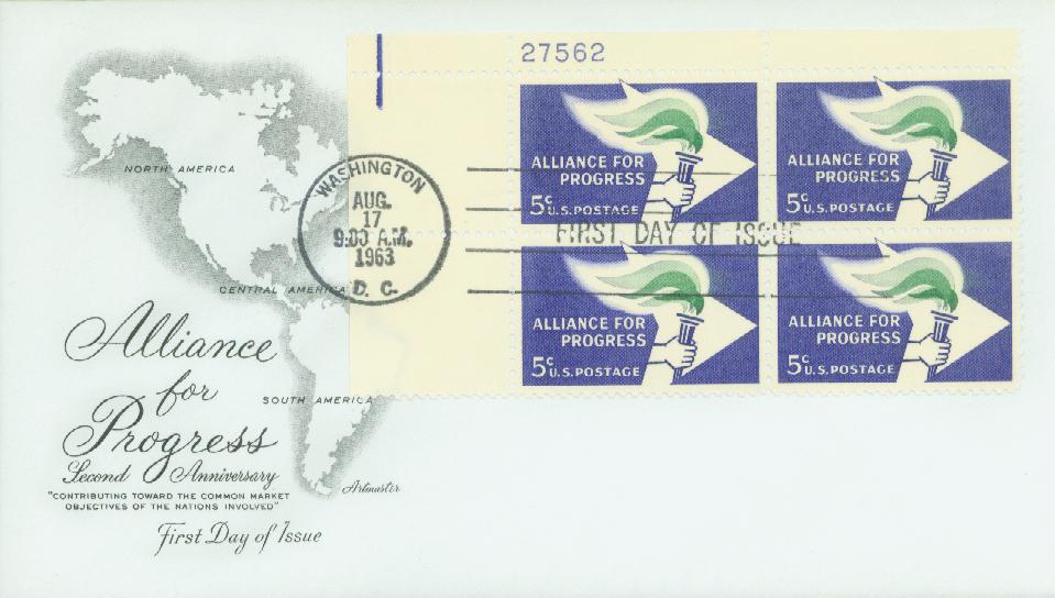 1234 - 1963 5c Alliance for Progress Plate Block First Day Cover