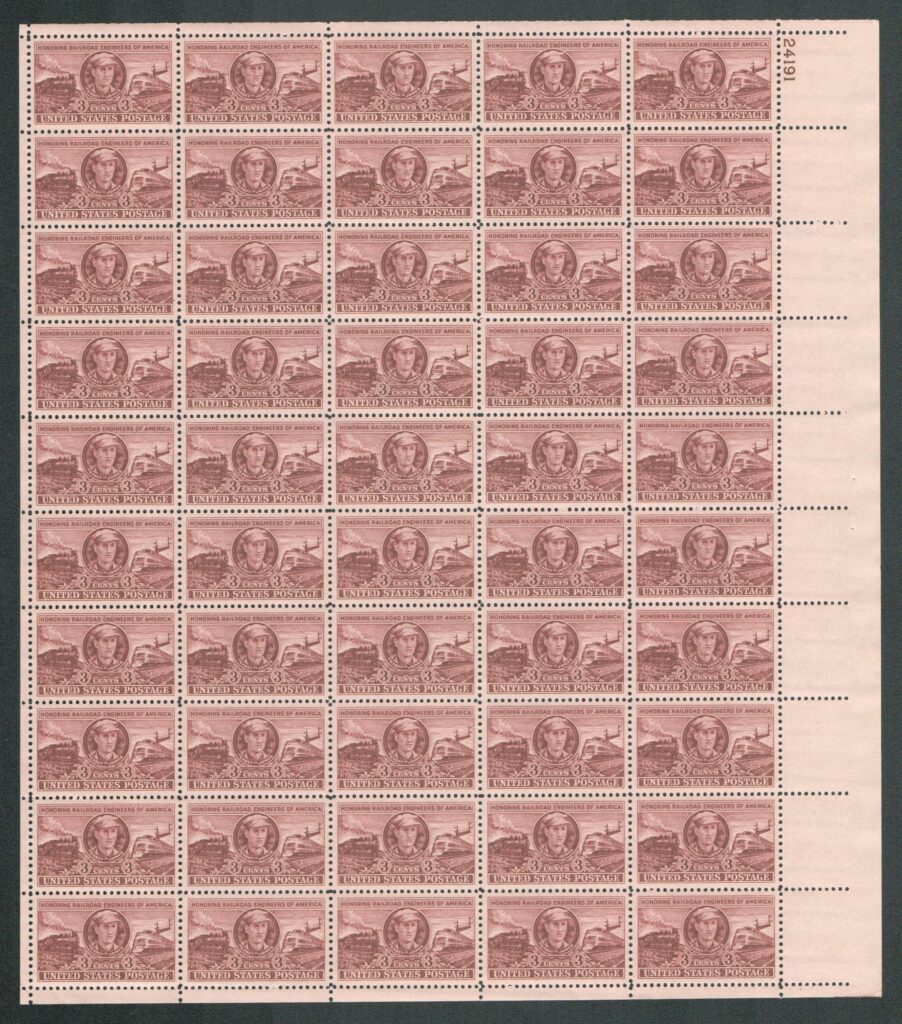 #993 - 1950 3c Railroad Engineers of America Mint sheet of 50 stamps