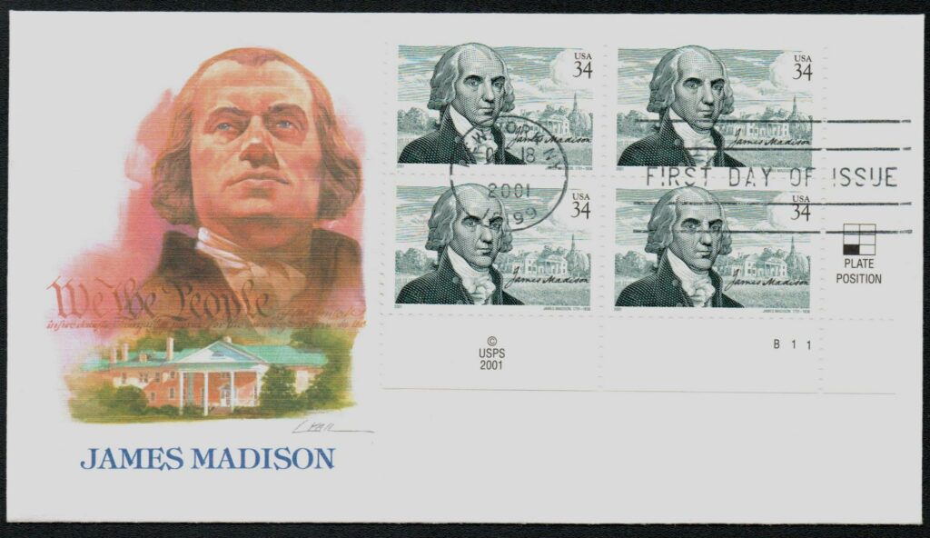 #3545 - 2001 34c James Madison Fleetwood Plate Block First Day Cover