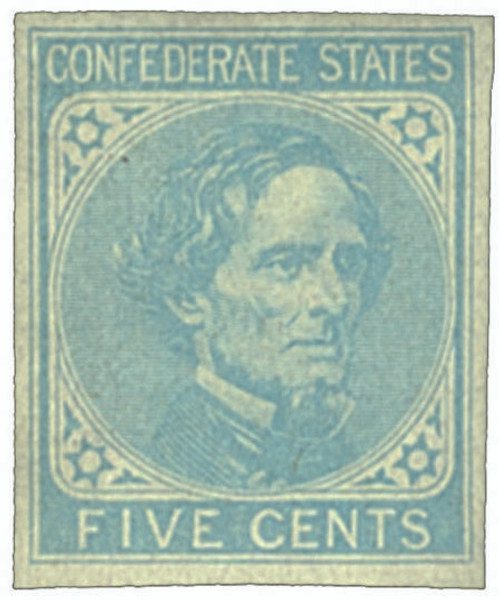 CSA6 - 1862 5c Confederate States - Jefferson Davis - lt blue, hard paper (De La Rue & Co)