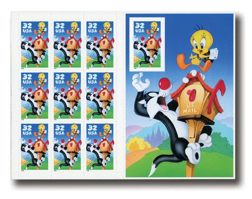 3205 - 1998 32c Sylvester and Tweety, pane of 10 with imperforate 10th stamp