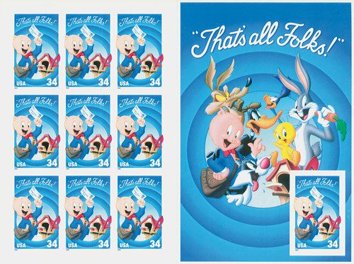 3534 - 2001 34c Porky Pig, pane of 10