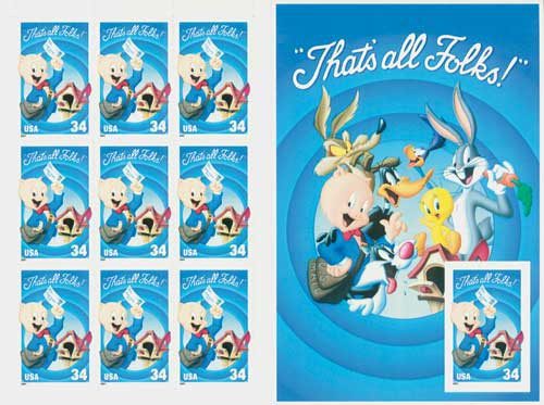 3535 - 2001 34c Porky Pig, pane of 10 with imperforate