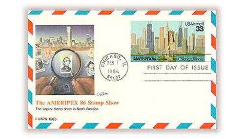 UXC23 FDC - 1986 33c Air Mail Postal Card - AMERIPEX