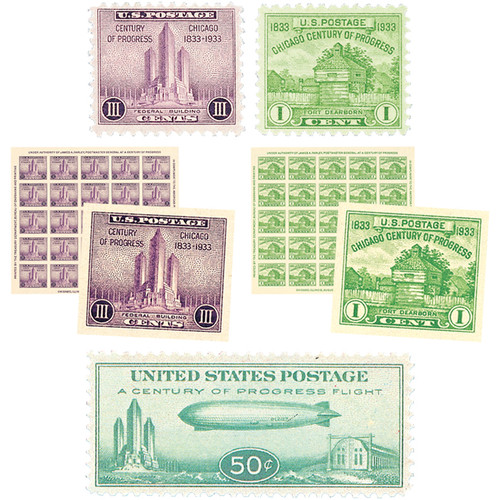 728//C18 - Century of Progress, collection of 5 stamps and 2 souvenir sheets